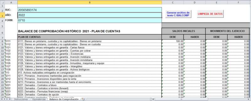 Balance de Comprobación SUNAT Formulario Virtual N° 710 2022