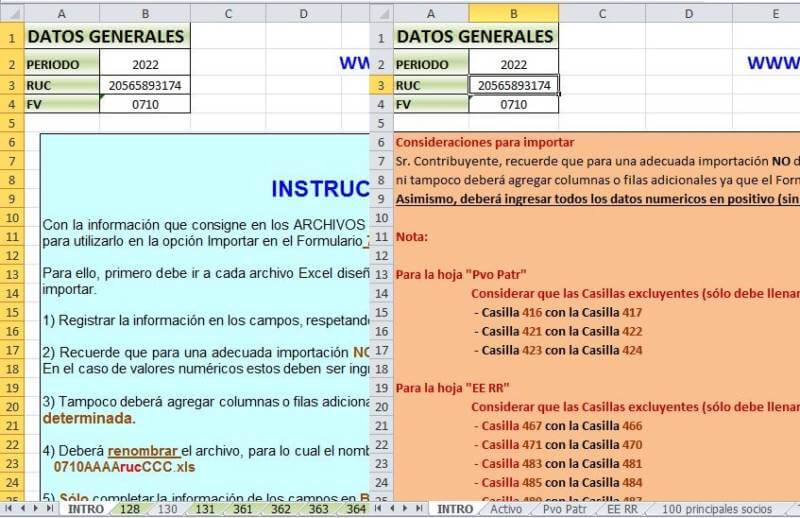 Archivos Excel para importar datos a casillas de Formulario Virtual N° 710 2022