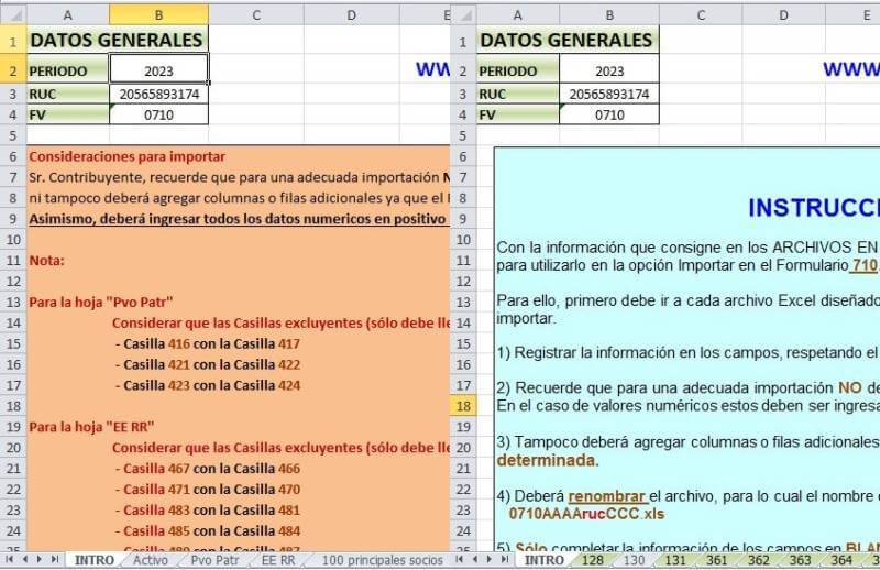 Archivos Excel para importar datos a casillas de Formulario Virtual N° 710 2023